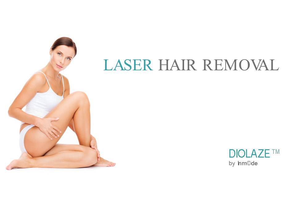 Gesundheit und Beauty-Konzept - schöne Frau im weißen Baumwoll-Unterwäsche in Profil sitzend Gesicht nach vorne gedreht,  ihre beiden Händen auf  Bein haltend. Daneben die Inschrift Laser Hair Removal Diolaze by Inmode